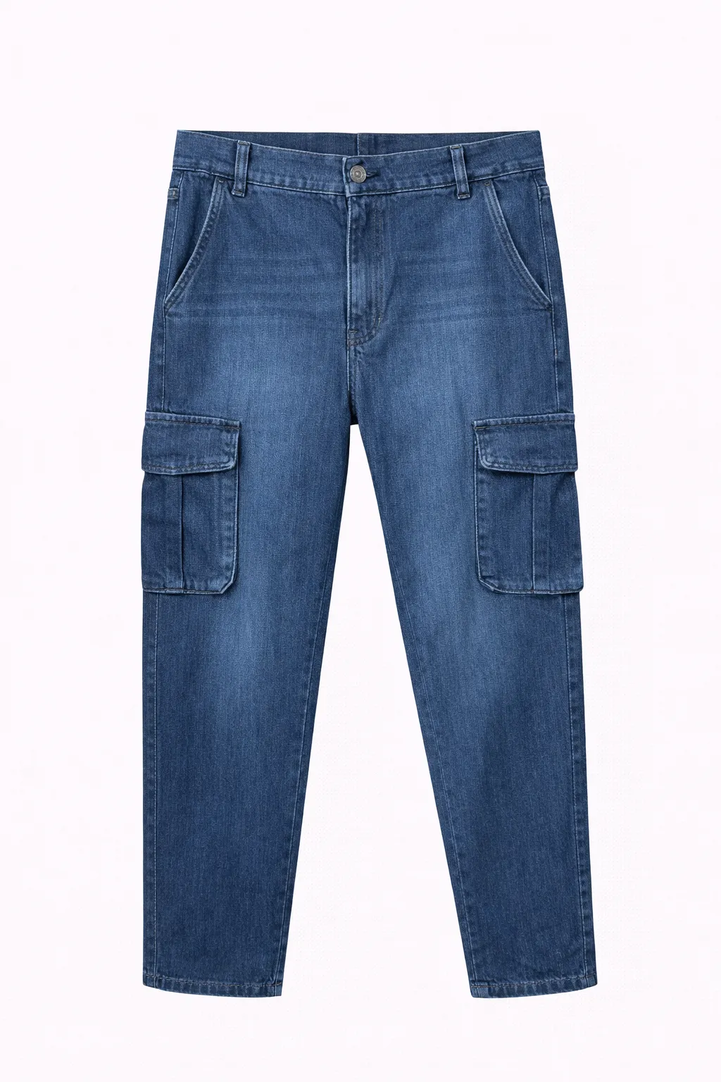 Green Leafs Men's 𝗣𝗿𝗲𝗺𝗶𝘂𝗺 6 Pocket Non Stretch Denim Cargo Pant Mid Blue