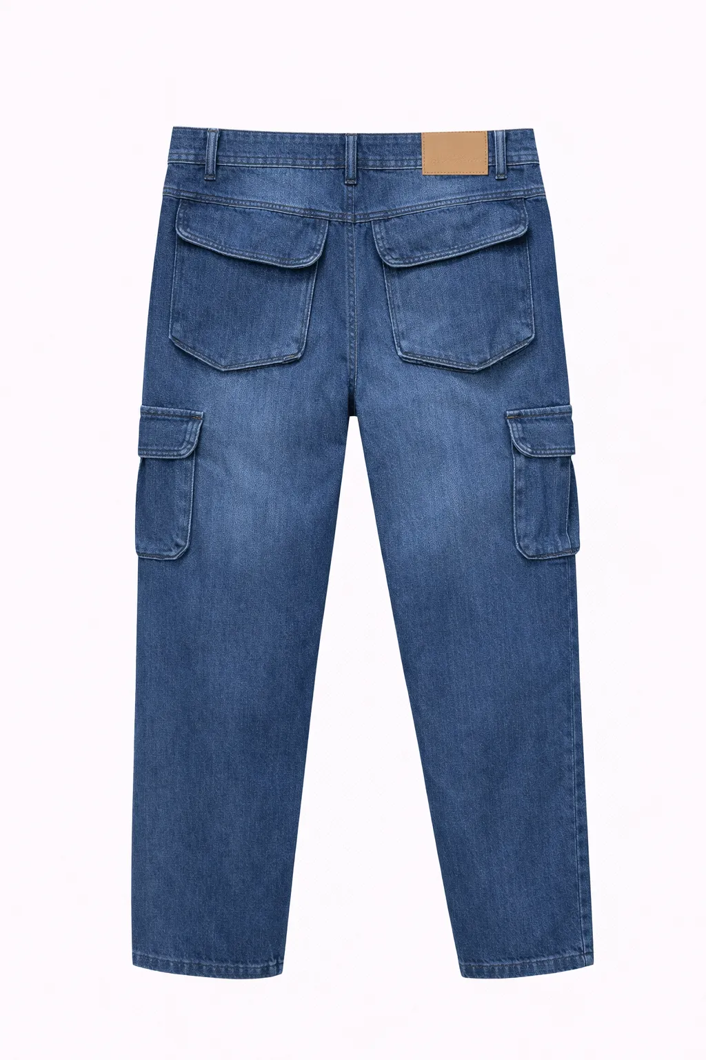 Green Leafs Men's 𝗣𝗿𝗲𝗺𝗶𝘂𝗺 6 Pocket Non Stretch Denim Cargo Pant Mid Blue thumbnail 1