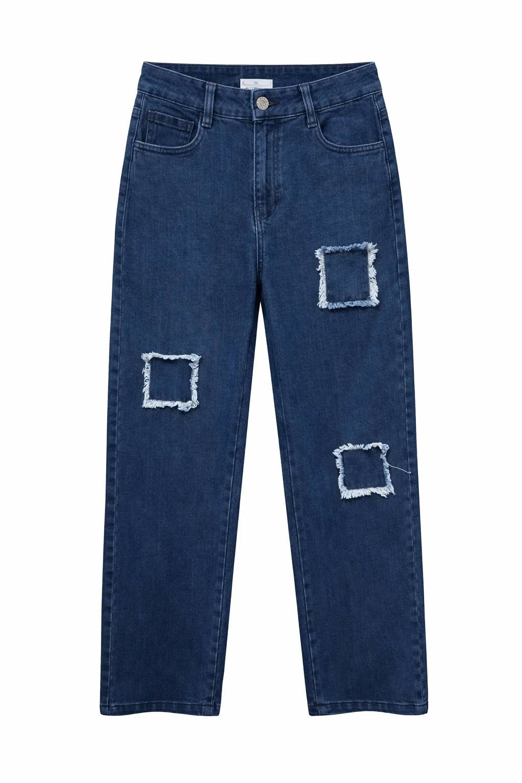 Green Leafs Ladies Baggy Denim Jeans (Button) - Dark Blue