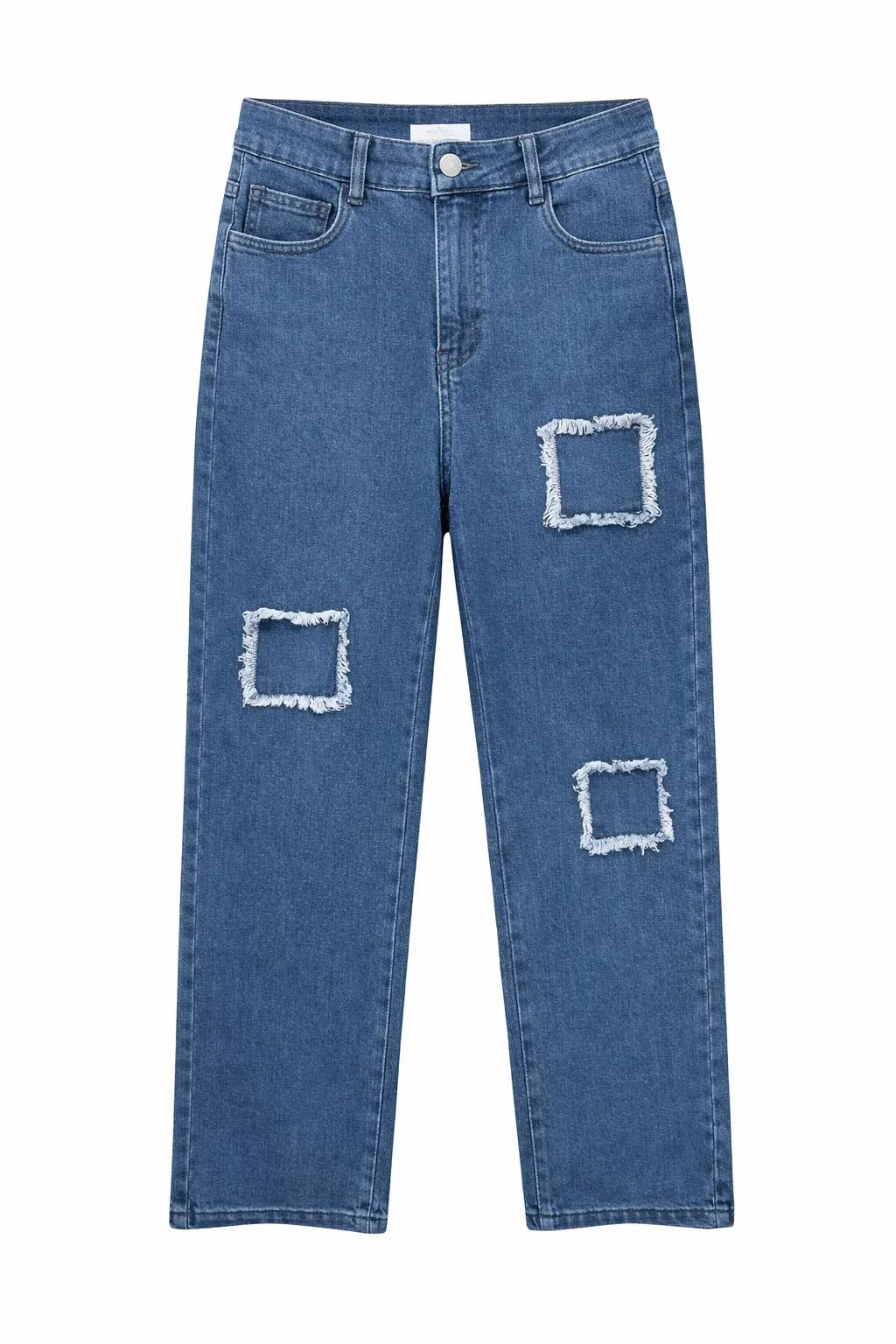 Green Leafs Ladies Baggy Denim Jeans (Button) - Mid Blue