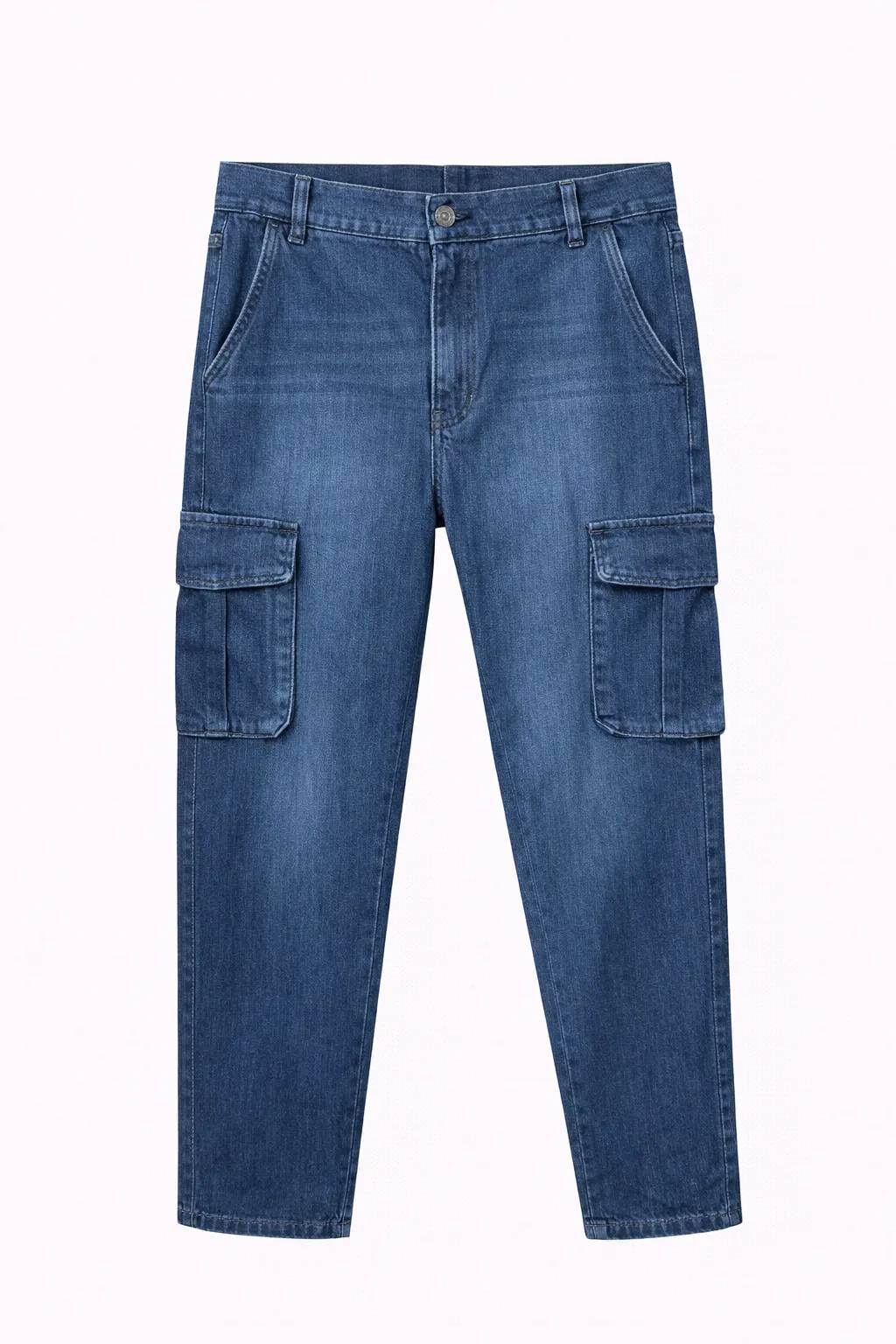 Green Leafs Men's Premium 6 Pocket Non Stretch Denim Cargo Pant Mid Blue