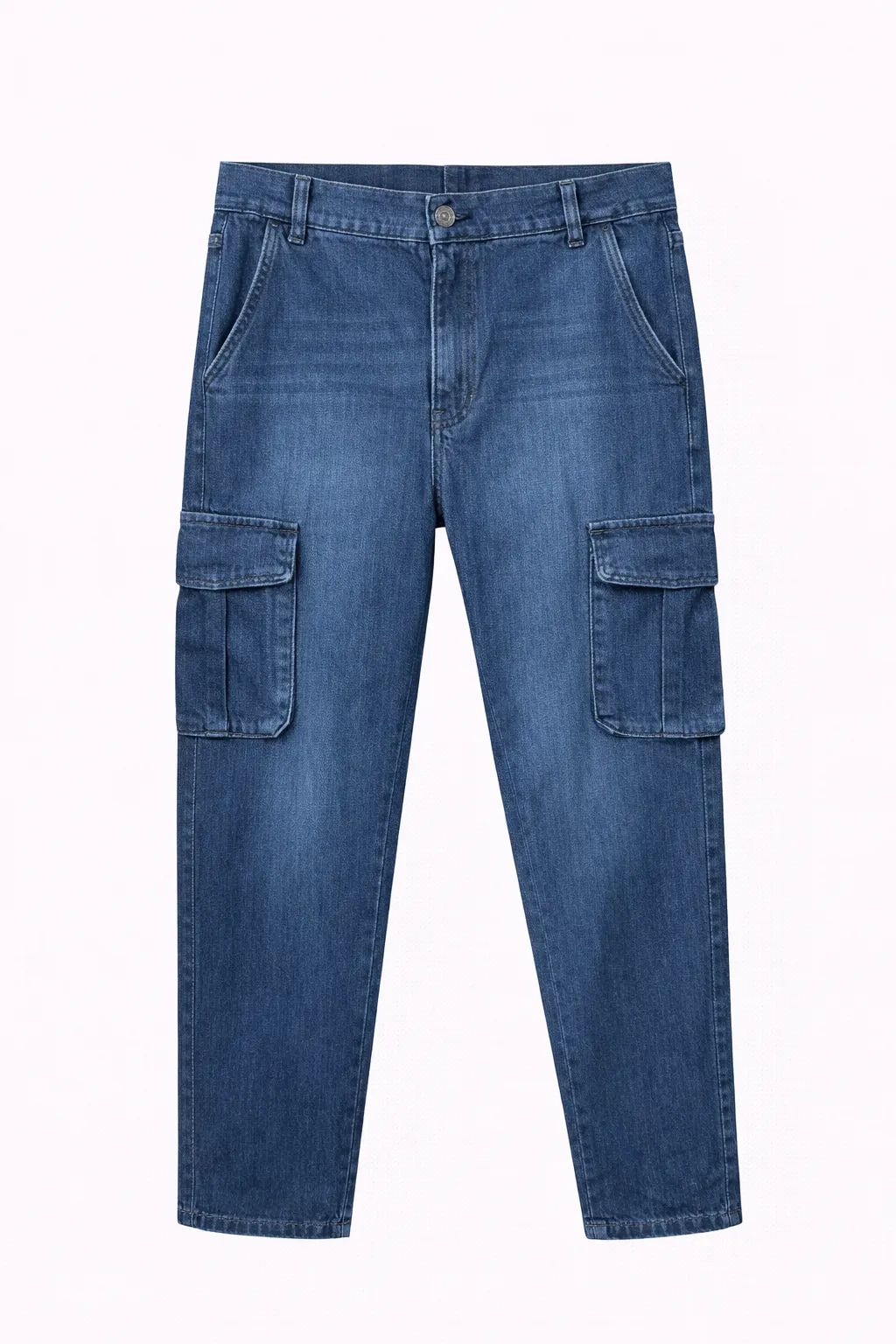 Green Leafs Men's Premium 6 Pocket Non Stretch Denim Cargo Pant Mid Blue
