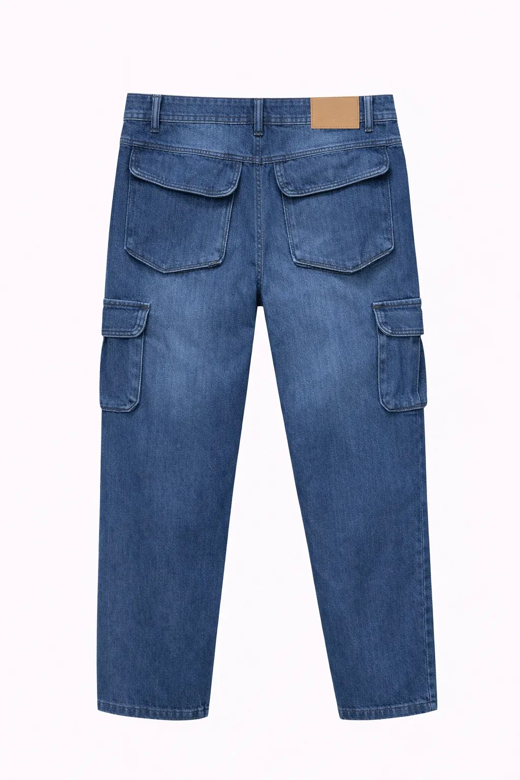 Green Leafs Men's Premium 6 Pocket Non Stretch Denim Cargo Pant Mid Blue thumbnail 2