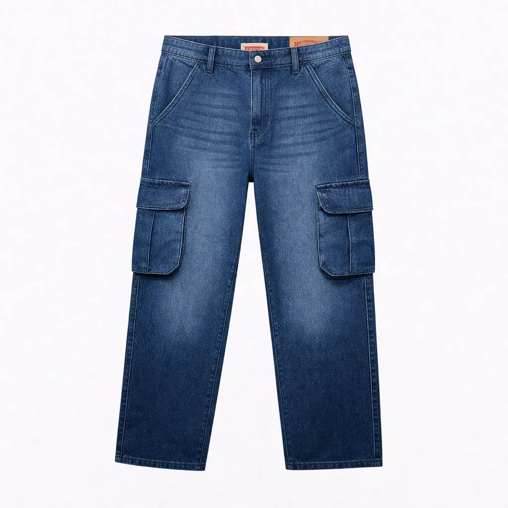 Men's Premium 6 Pocket Non Stretch Denim Cargo Pant Mid Blue