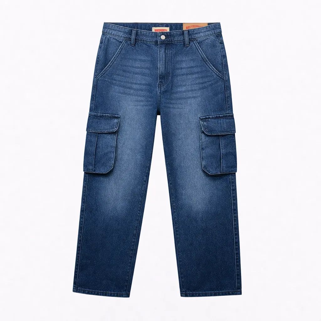 Men's Premium 6 Pocket Non Stretch Denim Cargo Pant Mid Blue