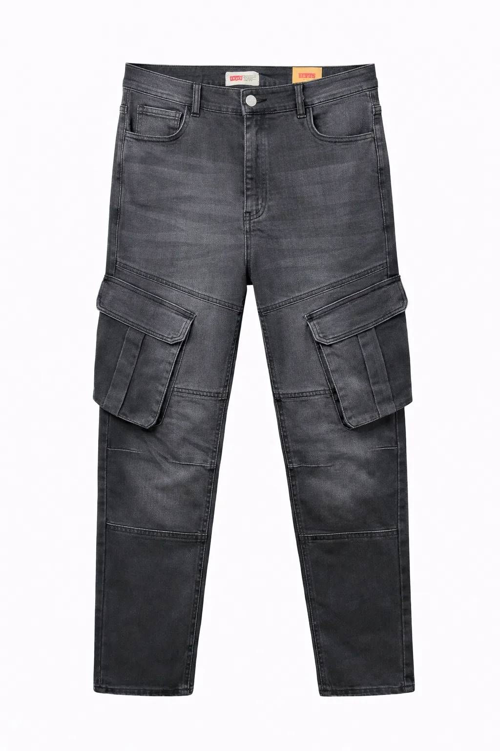 Men's Premium 6 Pocket Stretch Denim Cargo Pant Black Gray